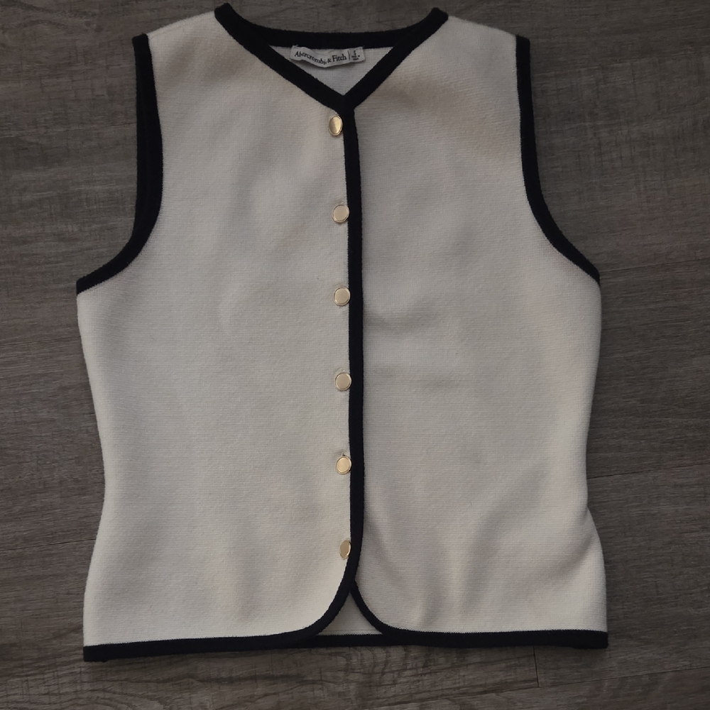 Abercrombie & Fitch White Sleeveless Knit Top with Black Trim and Gold Buttons